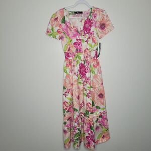 Be By Chetta Bright Floral Fit And Flare Midi Cute Flirty Shirt Dress Size XS